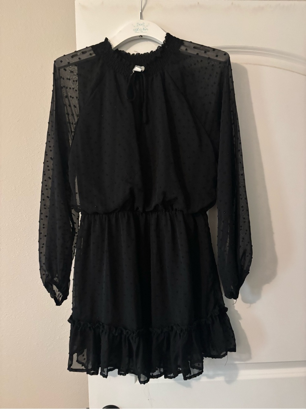 Blue Rain Black Long-Sleeve Swiss Dot Ruffle Dress